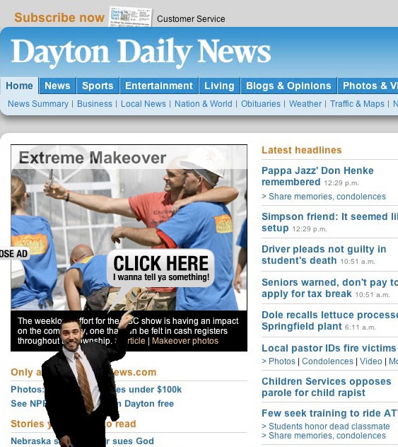 "In person", the gentleman in in the lower left corner walks off and reappears in a banner at the top of the page. 