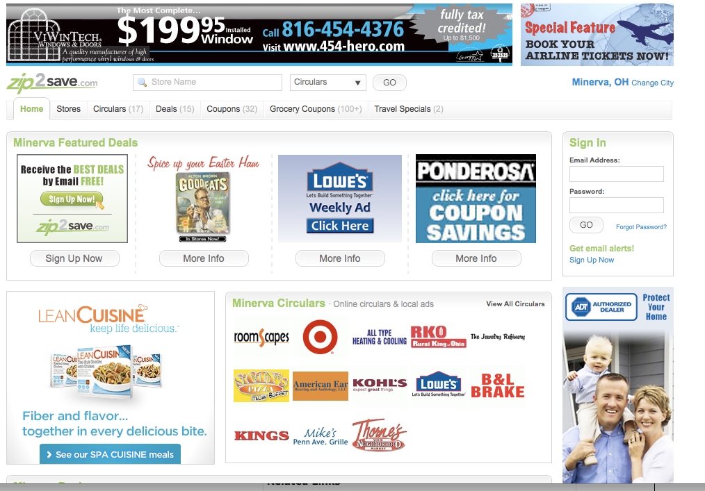 Welcome to Minerva, Ohio...or at least's its page on Zip2Save, in partnership with the Alliance Review. The cluttered look of competing logos may be  one of those cases when "ugly sells" since shoppers are on the site looking for brands. Inside pages have a cleaner format.