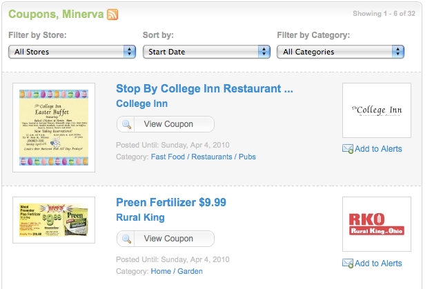 Minerva's site includes 32 local coupons sold by local staff, plus 100+ grocery coupons and 17 circulars.