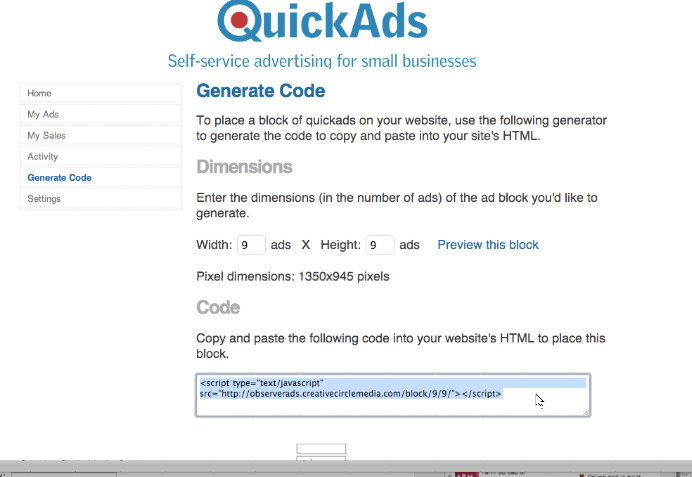Not using the adserver? This field generates the code to cut and paste on your site. 