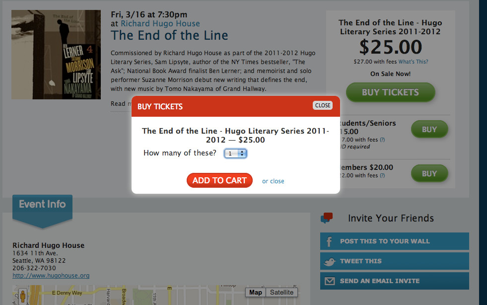 A pop-up adds prompts for additional ticket sales in the shopping cart. 