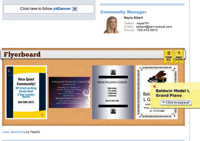 Community managers contact information is on the home page of the site, along with Flyerboard.