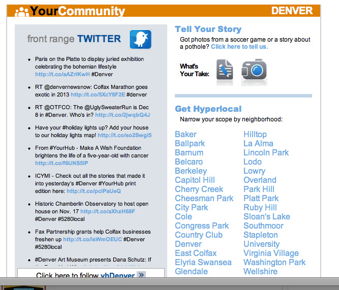 The site includes Twitter feeds and a long list of hyperlocal neighborhoods.