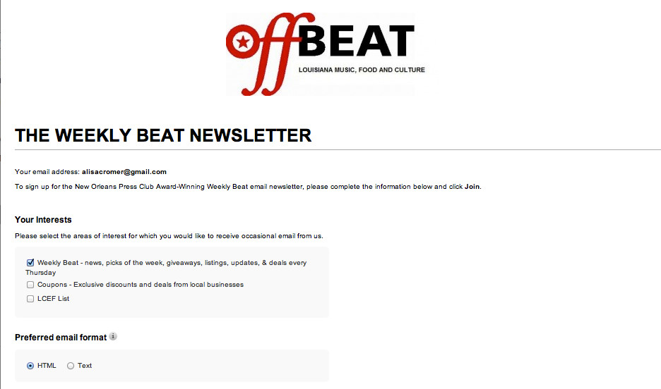 Newsletter sign up page two, includes a few options, such as whether to receive in HTML. 